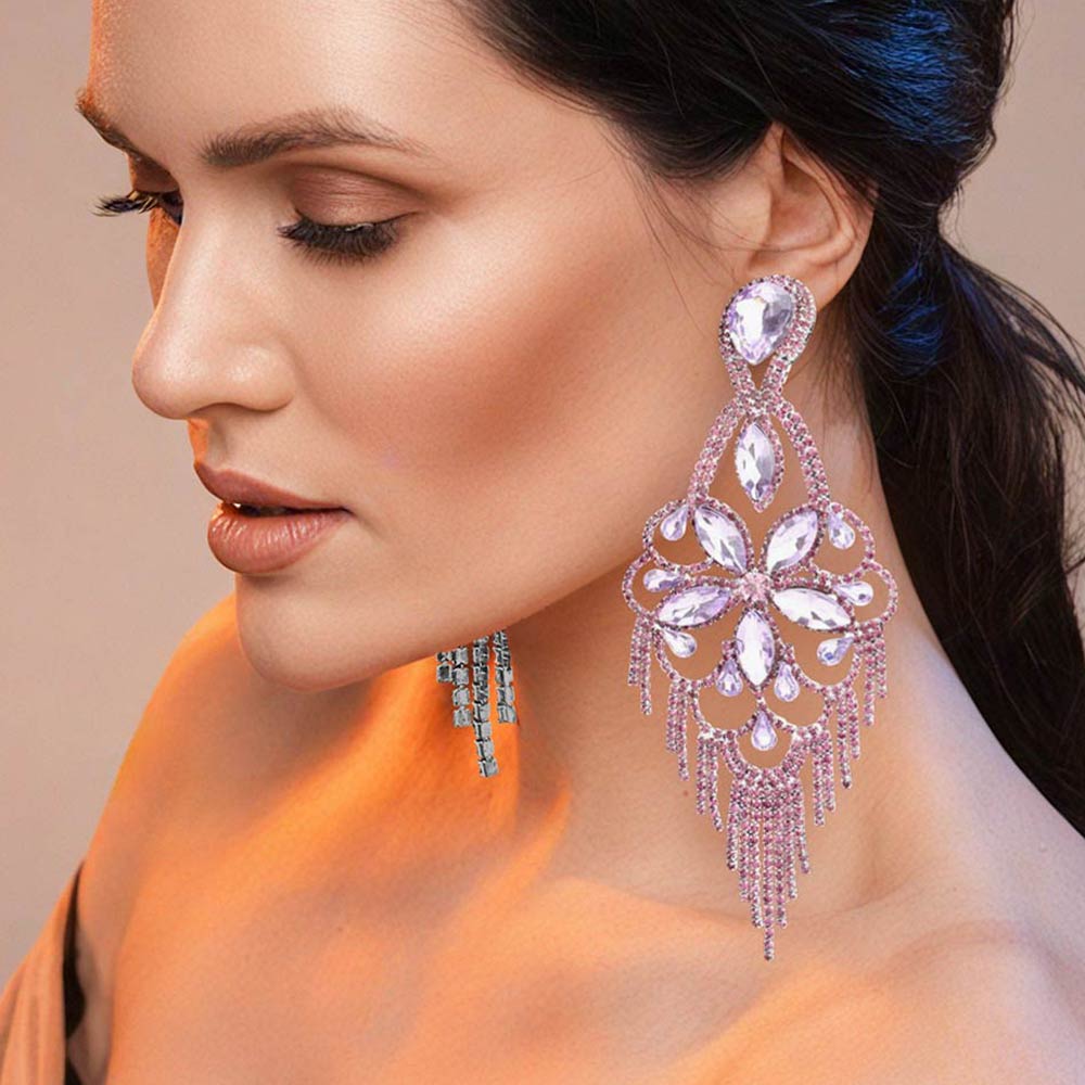 Madeline Love Silver, Violet Marquise Stone Flower Accented Chandelier Evening Earrings