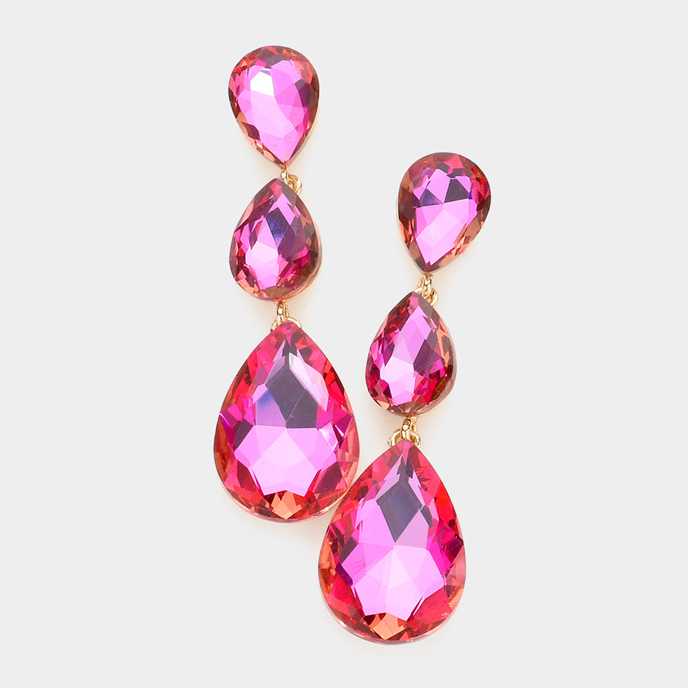 Madeline Love Fuchsia Triple Glass Crystal Teardrop Evening Earrings