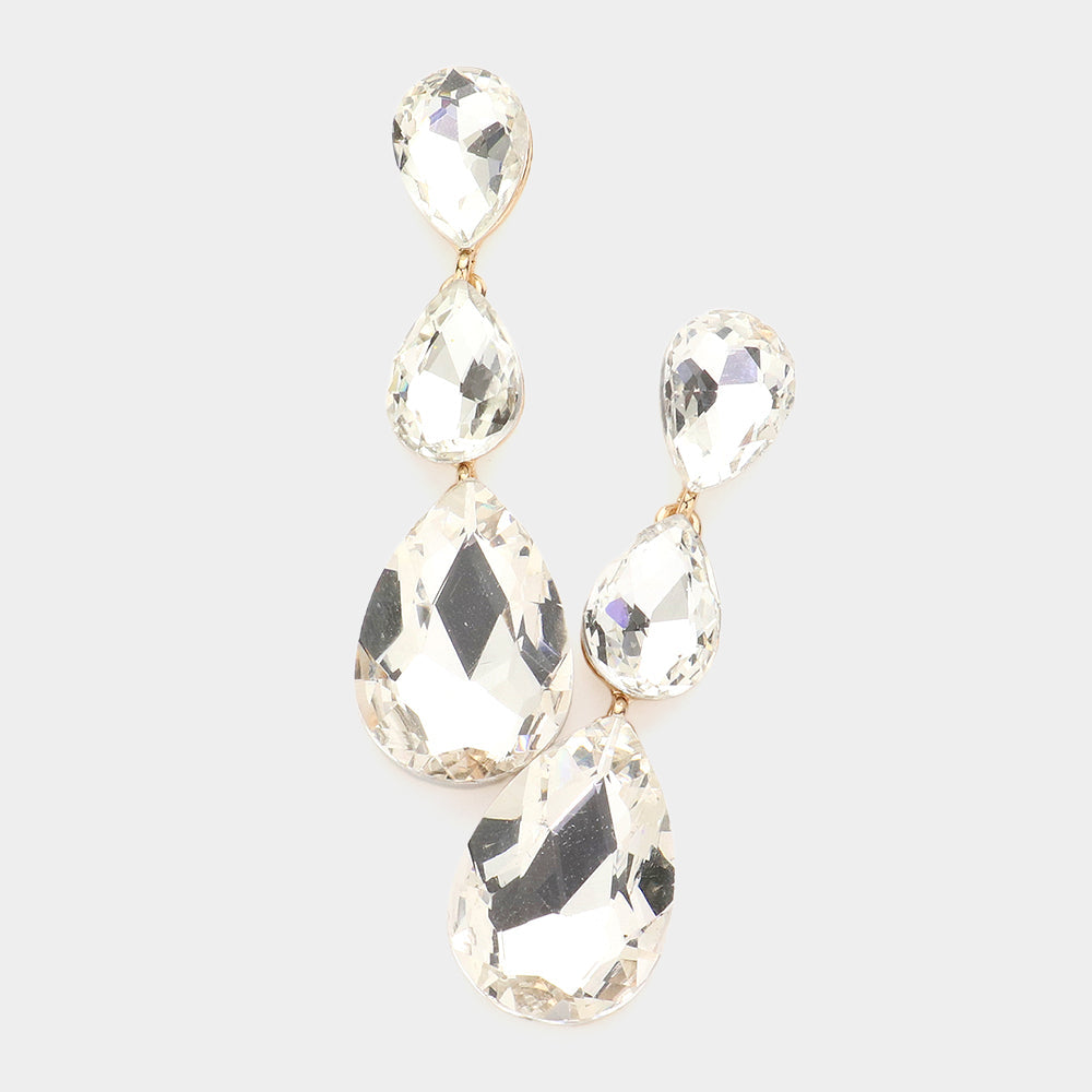 Madeline Love Gold Triple Glass Crystal Teardrop Evening Earrings