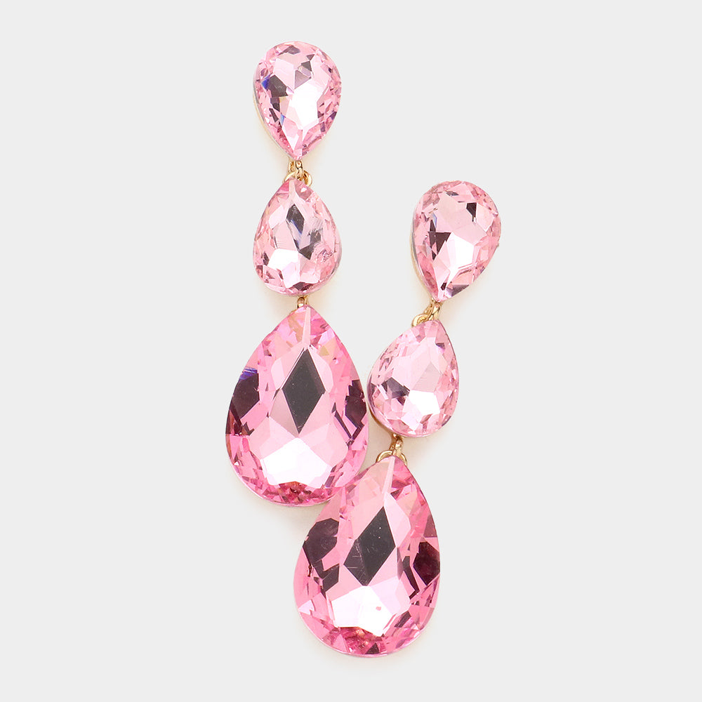Madeline Love Pink Triple Glass Crystal Teardrop Evening Earrings