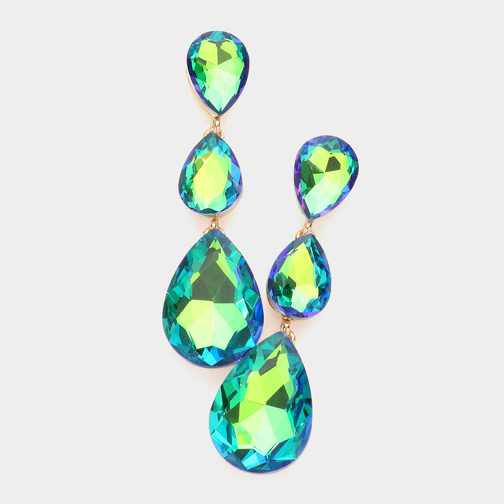 Madeline Love Green Triple Glass Crystal Teardrop Evening Earrings