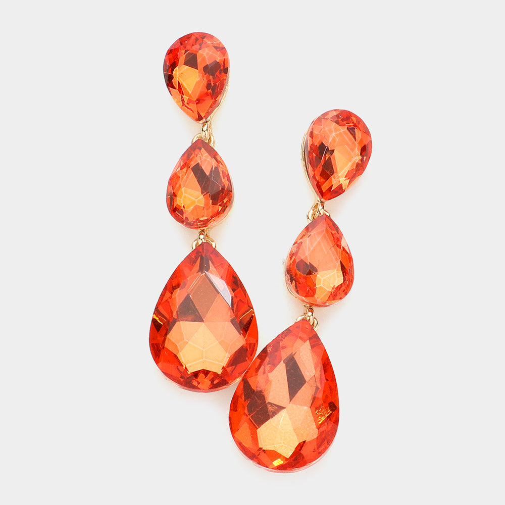 Madeline Love Orange Triple Glass Crystal Teardrop Evening Earrings