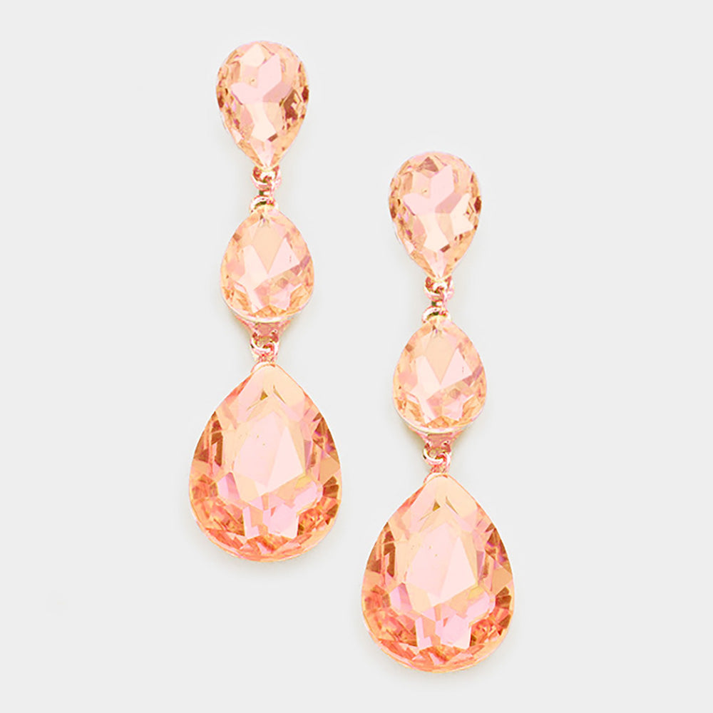 Madeline Love Peach Triple Glass Crystal Teardrop Evening Earrings