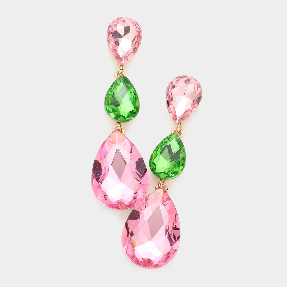 Madeline Love Pink&Green Triple Glass Crystal Teardrop Evening Earrings