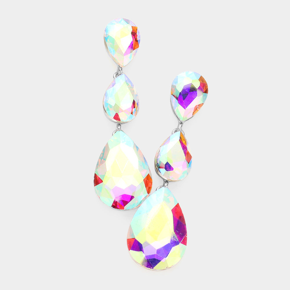 Madeline Love AB, Rhodium Triple Glass Crystal Teardrop Evening Earrings