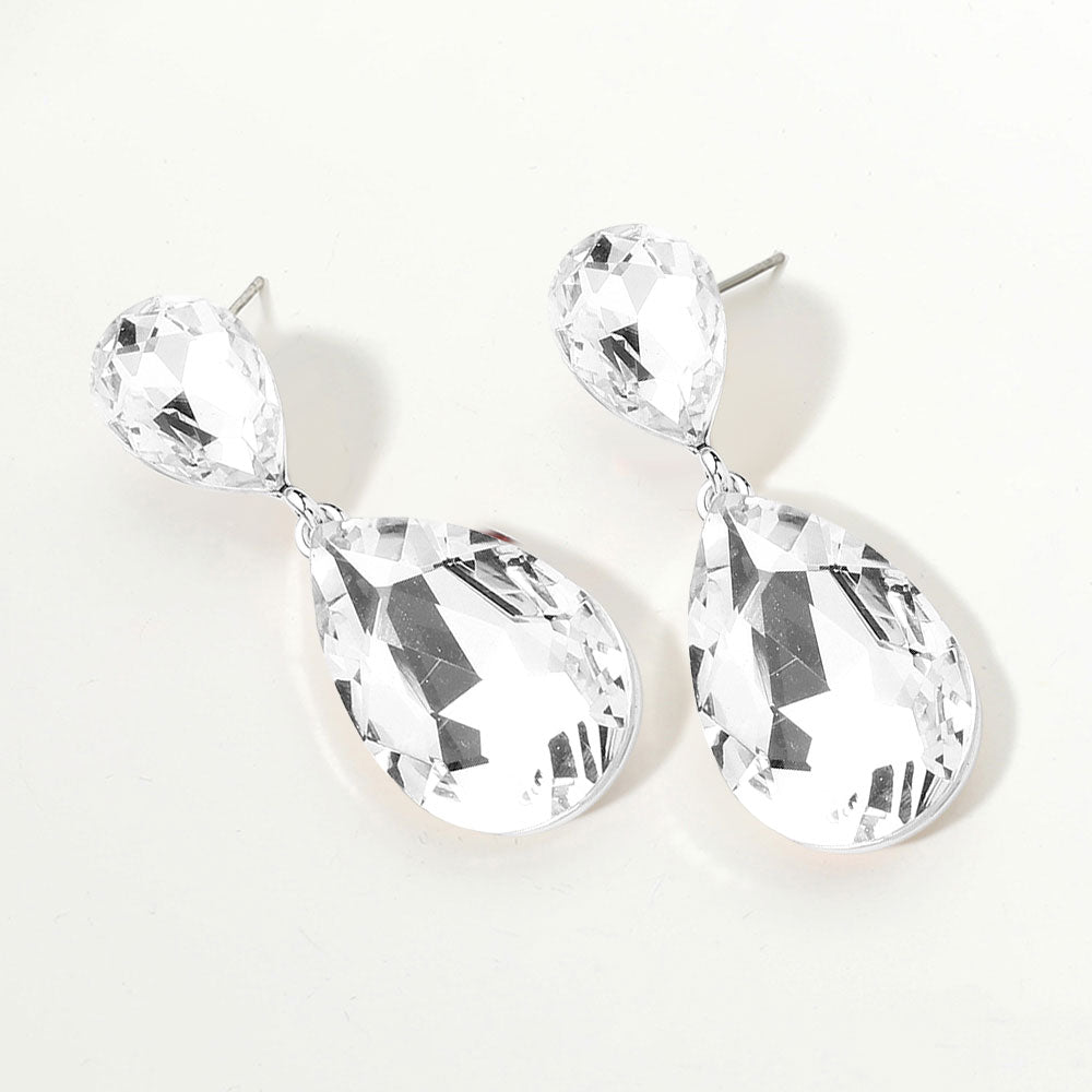 Madeline Love Clear, Silver Glass crystal double teardrop evening earrings