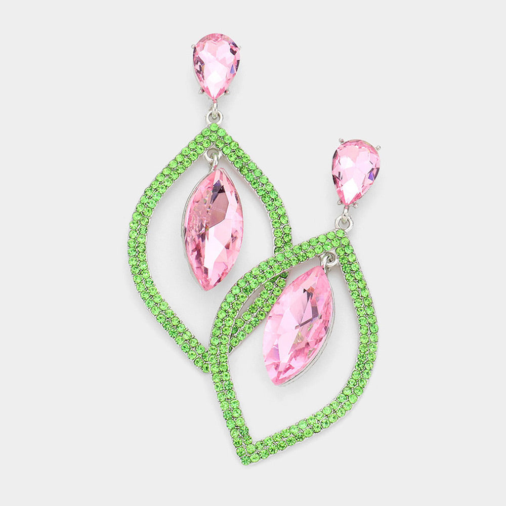 Madeline Love Pink&Green Teardrop Marquise Stone Accented Dangle Evening Earrings