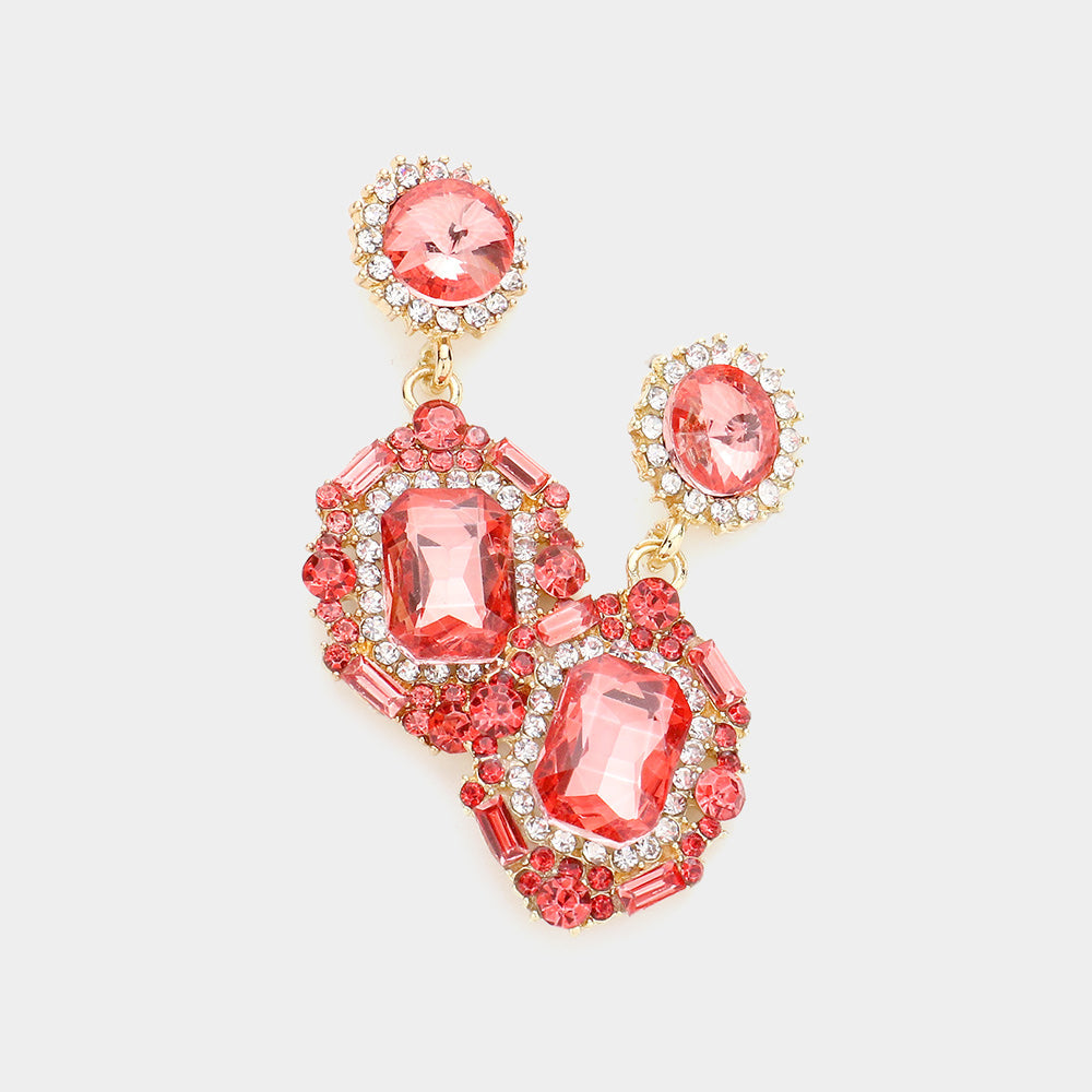 Madeline Love Coral Emerald Cut Crystal Evening Earrings