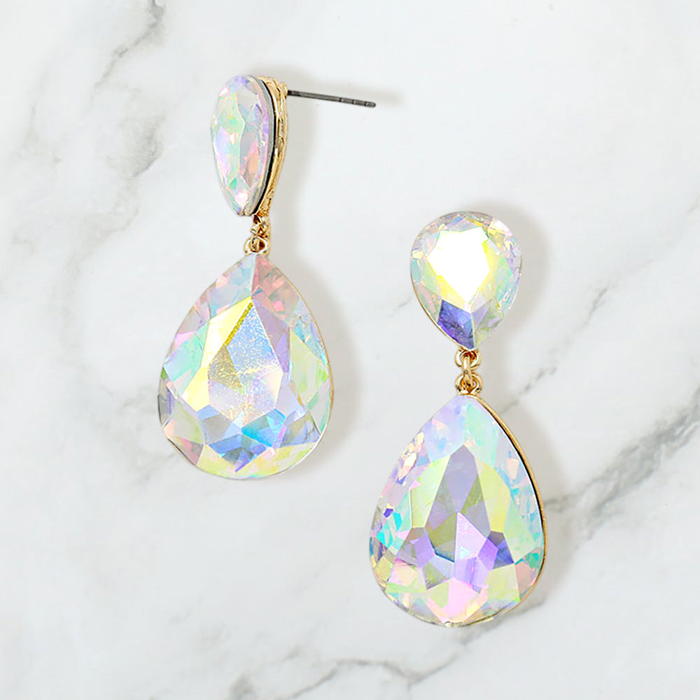 Madeline Love AB, Gold Teardrop Crystal Rhinestone Evening Earrings