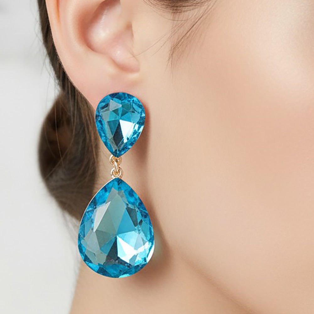 Madeline Love Aqua, Gold Teardrop Crystal Rhinestone Evening Earrings