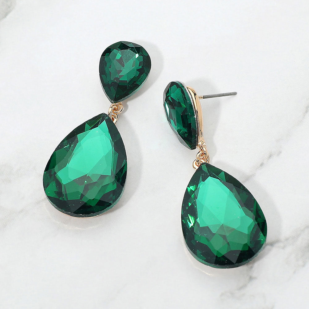 Madeline Love Gold, Green Teardrop Crystal Rhinestone Evening Earrings