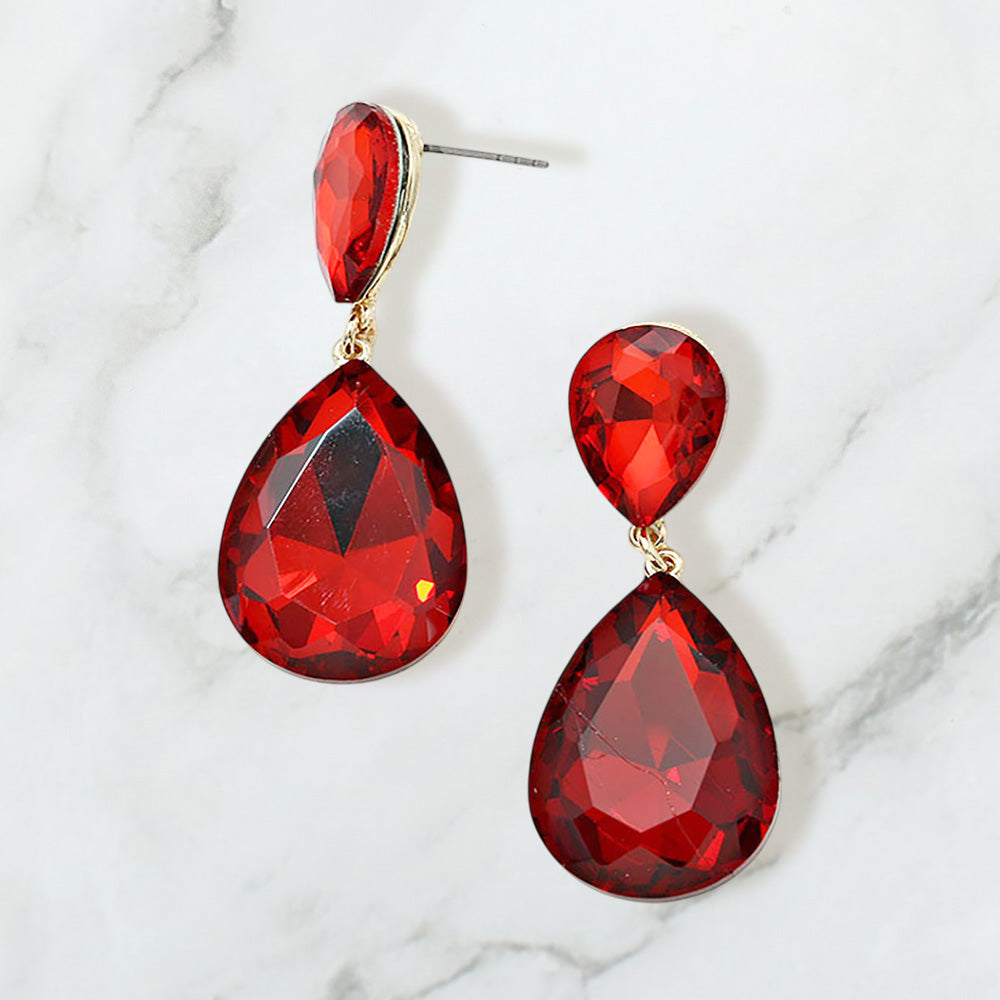 Madeline Love Gold, Red Teardrop Crystal Rhinestone Evening Earrings