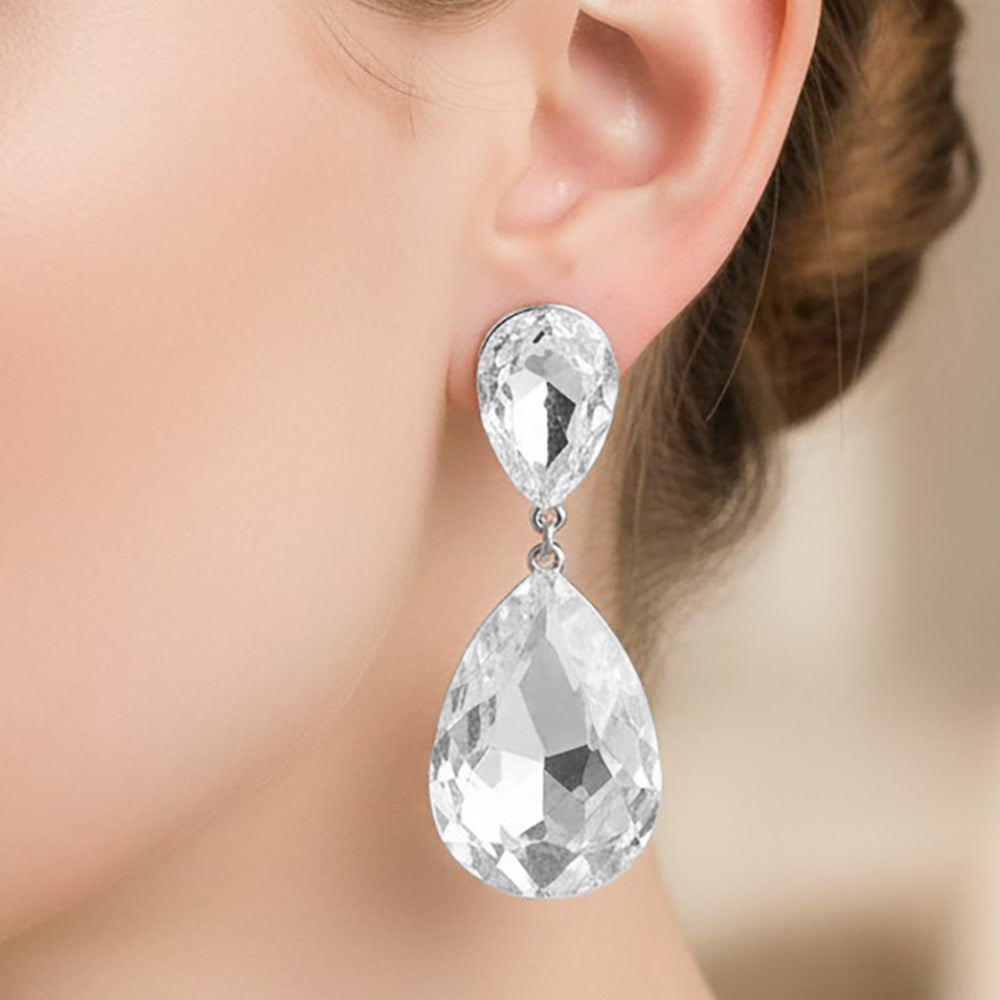 Madeline Love Clear, Rhodium Teardrop Crystal Rhinestone Evening Earrings