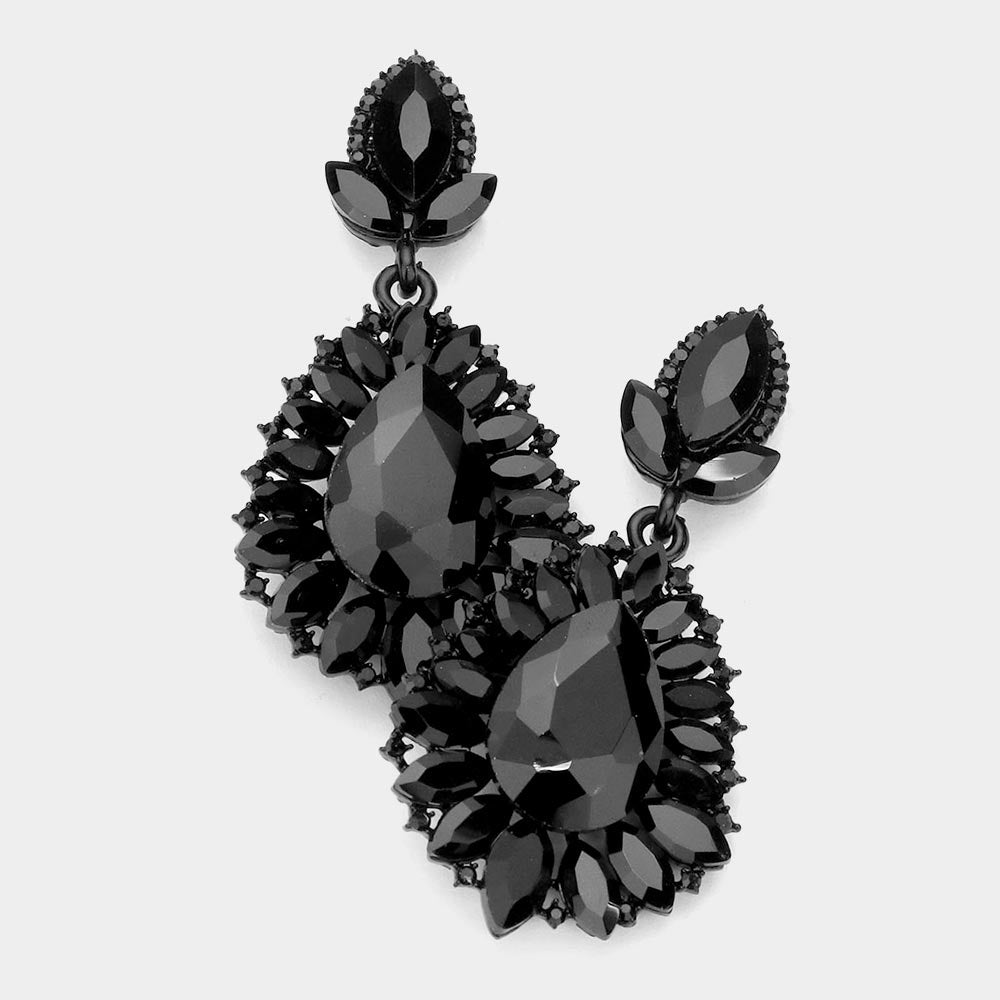 Madeline Love Jet Black Teardrop Accented Marquise Stone Trimmed Dangle Evening Earrings