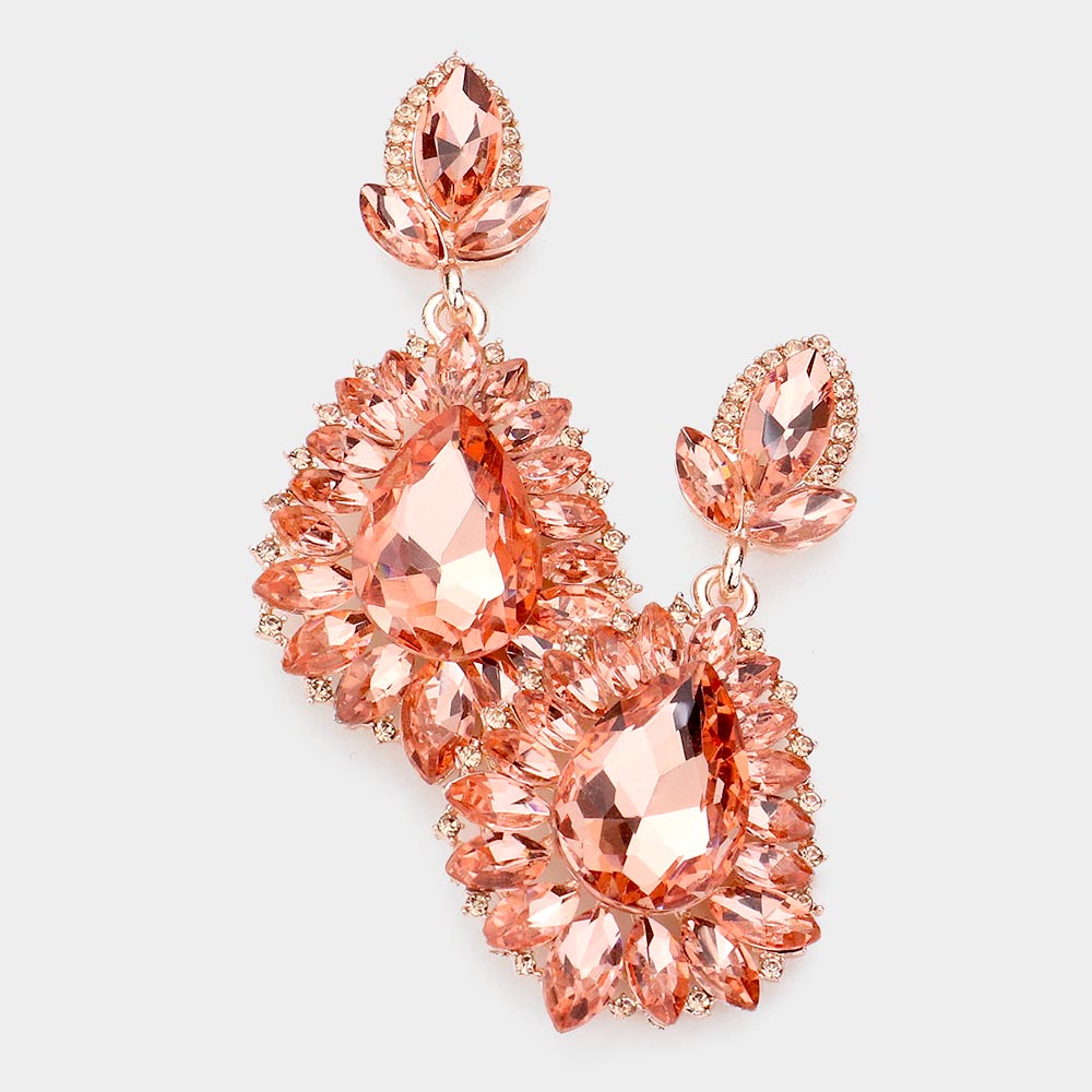 Madeline Love Peach Teardrop Accented Marquise Stone Trimmed Dangle Evening Earrings