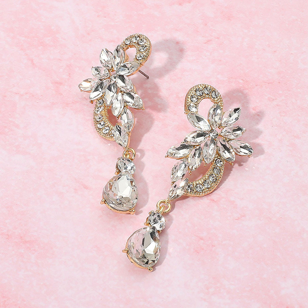 Madeline Love Clear, Gold Flower Stone Cluster Teardrop Dangle Evening Earrings