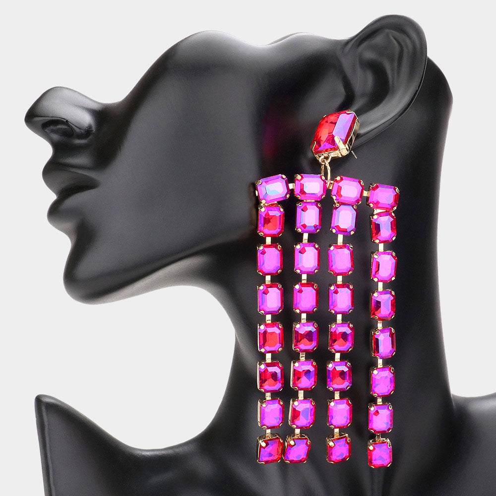 Madeline Love AB, Gold, Purple Emerald Cut Stone Fringe Evening Earrings