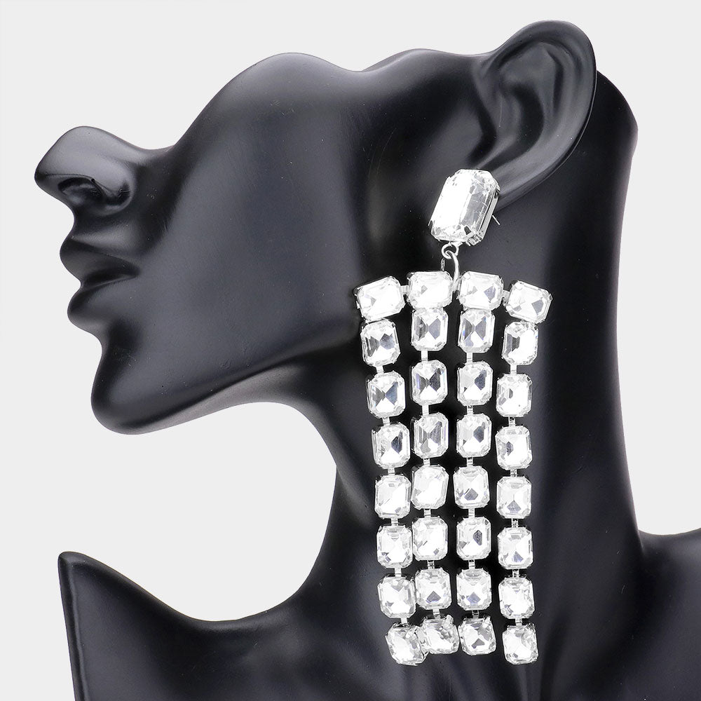 Madeline Love Clear, Silver Emerald Cut Stone Fringe Evening Earrings