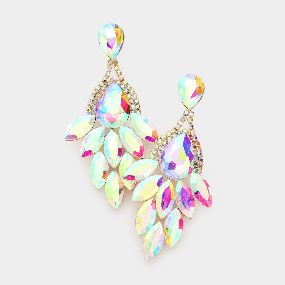 Madeline Love AB, Gold Teardrop Accented Marquise Stone Cluster Evening Earrings