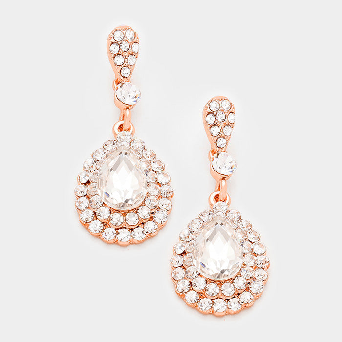 Madeline Love Clear, Rose Gold Crystal Rhinestone Trim Glass Teardrop Stone Evening Earrings