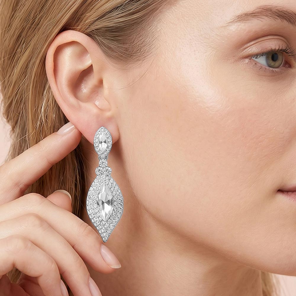 Madeline Love Clear, Rhodium Marquise Stone Accented Evening Earrings
