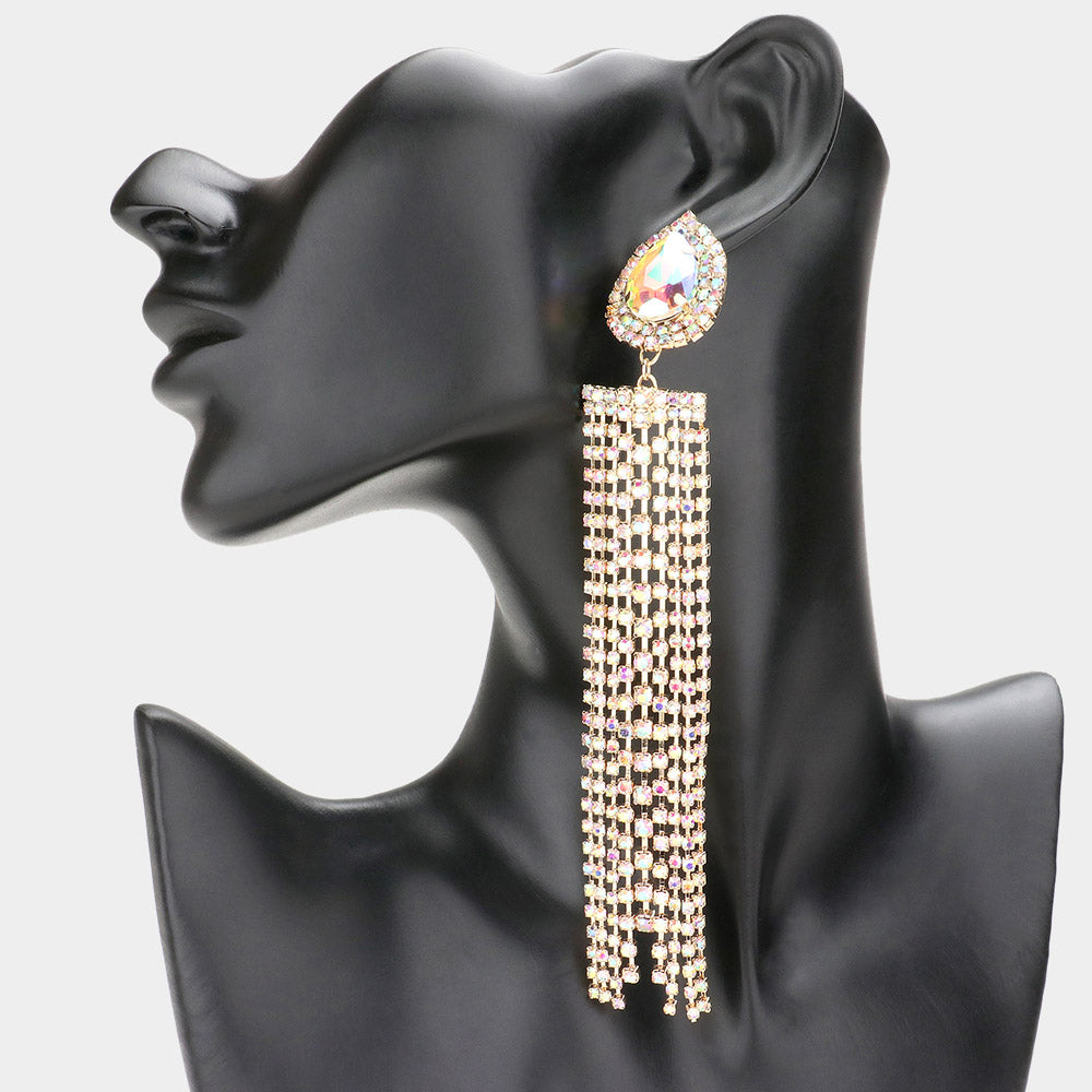 Madeline Love AB, Gold Teardrop Accented Rhinestone Fringe Dangle Evening Earrings