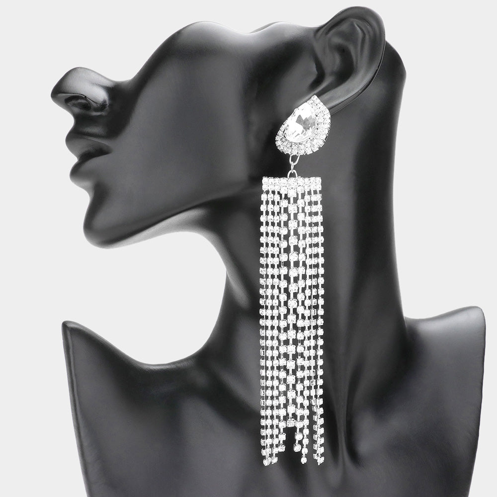 Madeline Love Silver Teardrop Accented Rhinestone Fringe Dangle Evening Earrings
