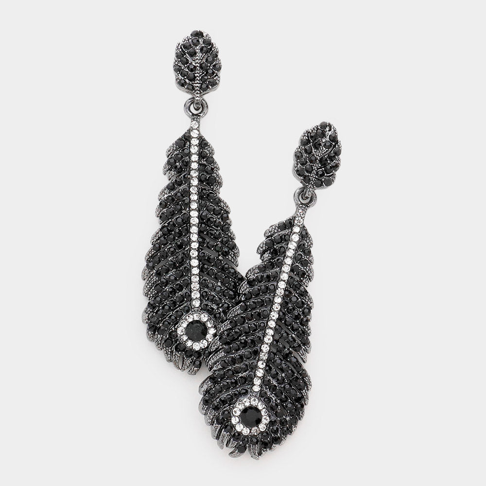 Madeline Love Gun Metal, Jet Black Rhinestone Embellished Feather Dangle Evening Earrings