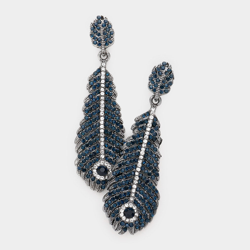 Madeline Love Gun Metal, Montana Blue Rhinestone Embellished Feather Dangle Evening Earrings