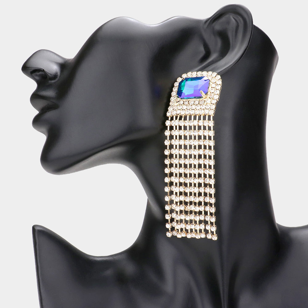 Madeline Love Blue Emerald Cut Stone Accented Rhinestone Fringe Dangle Evening Earrings