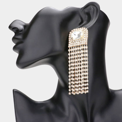 Madeline Love Gold Emerald Cut Stone Accented Rhinestone Fringe Dangle Evening Earrings