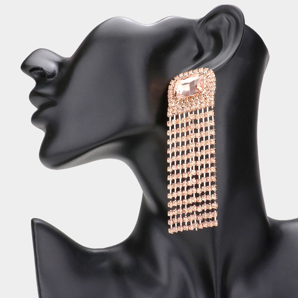 Madeline Love Peach Emerald Cut Stone Accented Rhinestone Fringe Dangle Evening Earrings