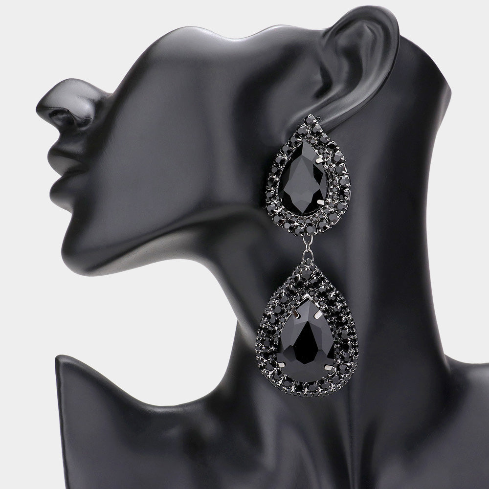 Madeline Love Jet Black Double Teardrop Stone Accented Link Dangle Evening Earrings