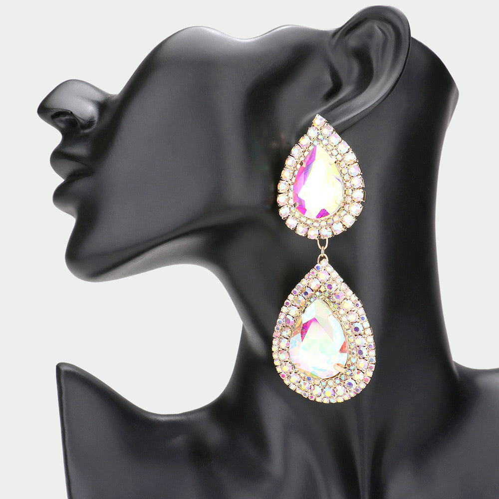 Madeline Love AB, Gold Double Teardrop Stone Accented Link Dangle Evening Earrings