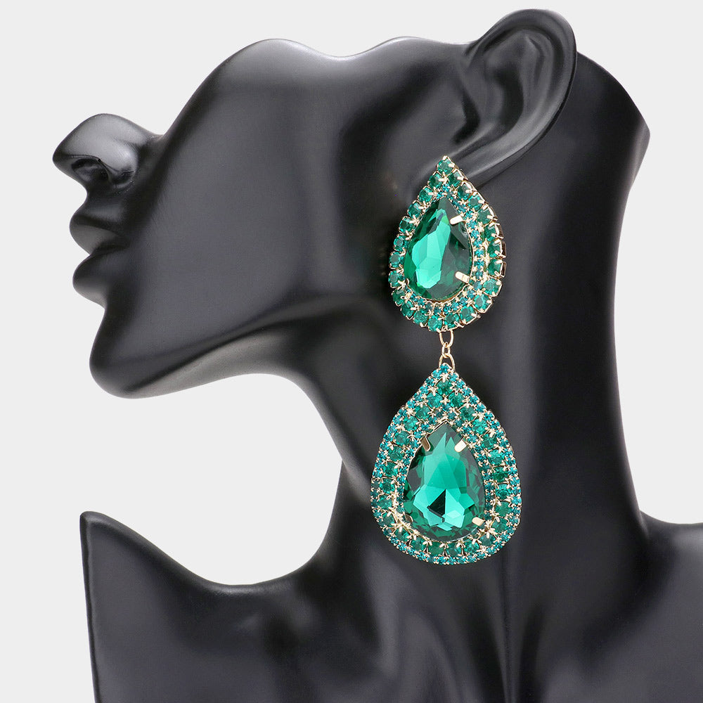 Madeline Love Emerald Double Teardrop Stone Accented Link Dangle Evening Earrings