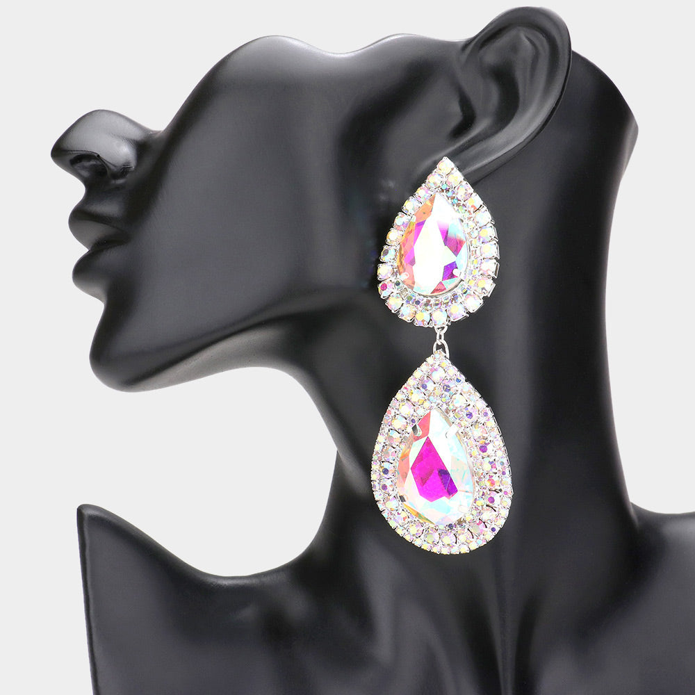 Madeline Love AB, Silver Double Teardrop Stone Accented Link Dangle Evening Earrings