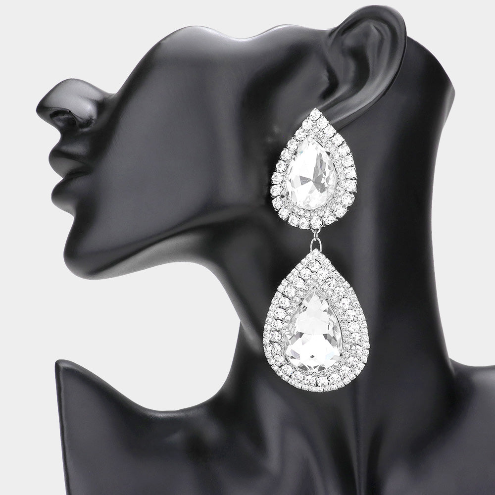 Madeline Love Silver Double Teardrop Stone Accented Link Dangle Evening Earrings