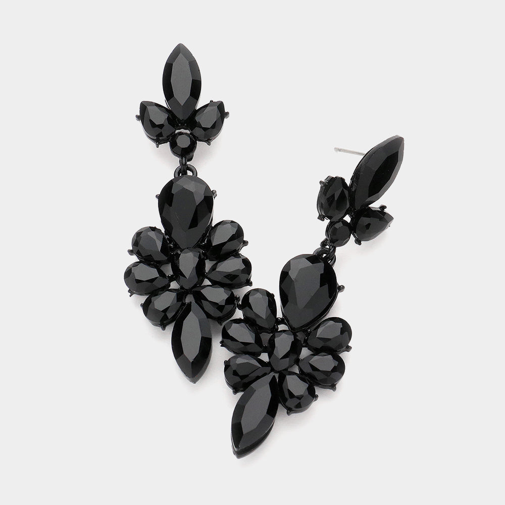 Madeline Love Black, Jet Black Teardrop Stone Cluster Embellished Dangle Evening Earrings