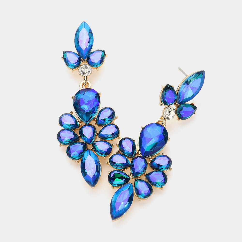 Madeline Love AB, Blue, Gold Teardrop Stone Cluster Embellished Dangle Evening Earrings
