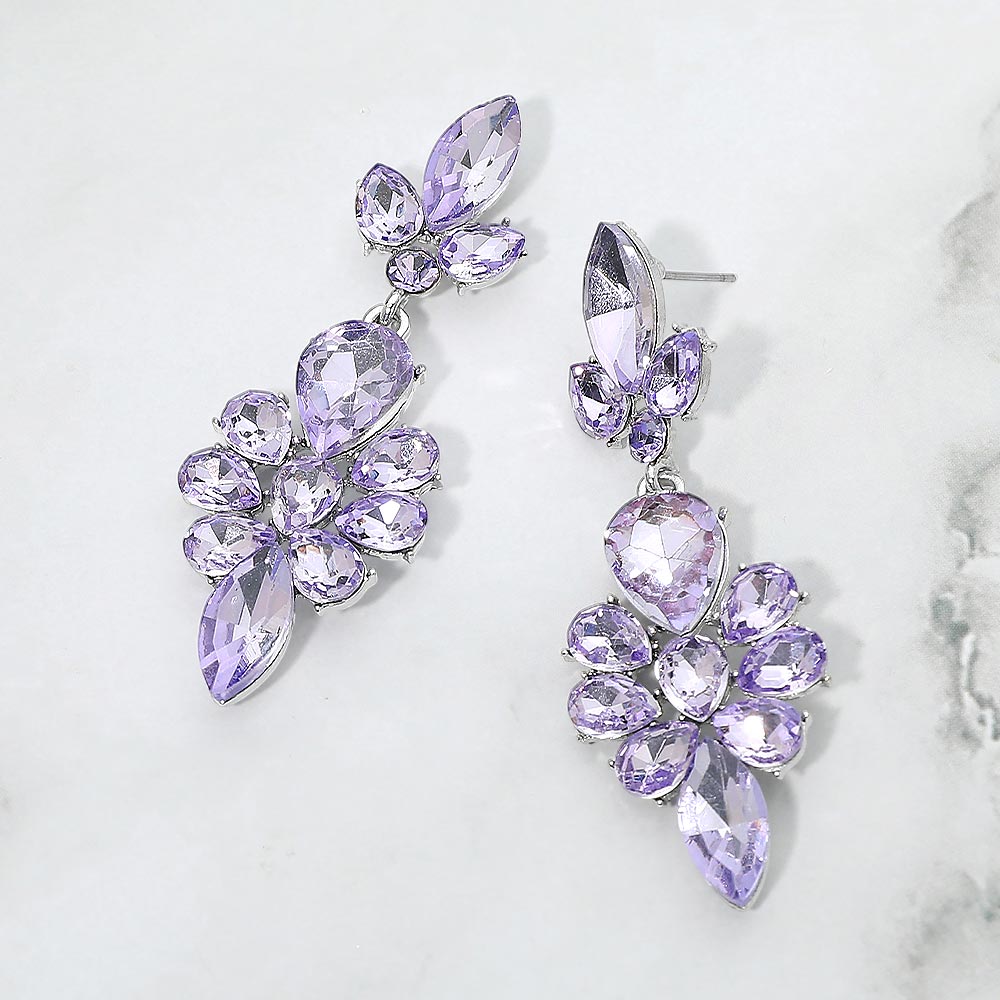 Madeline Love Silver, Violet Teardrop Stone Cluster Embellished Dangle Evening Earrings