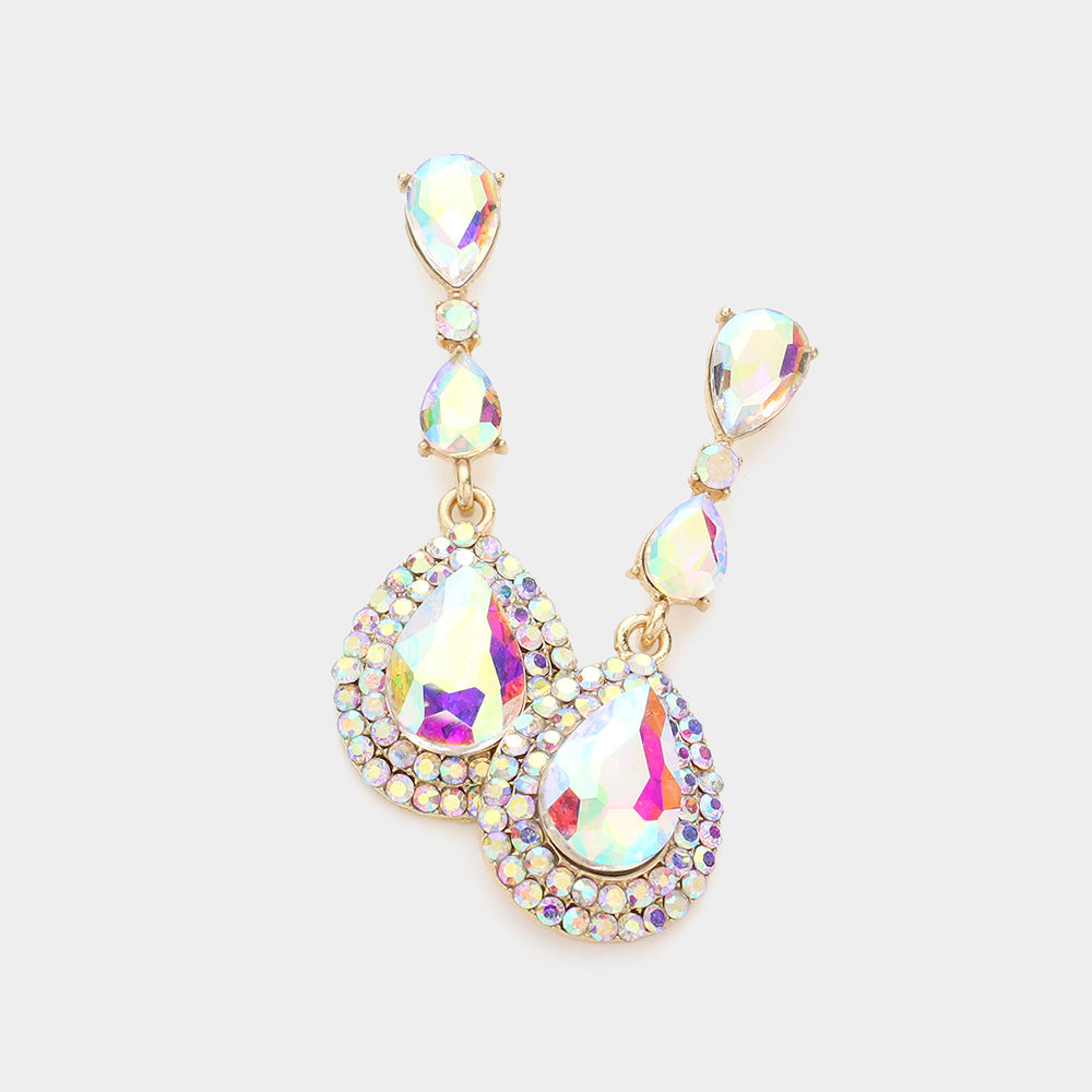 Madeline Love AB, Gold Triple Teardrop Stone Link Dangle Evening Earrings