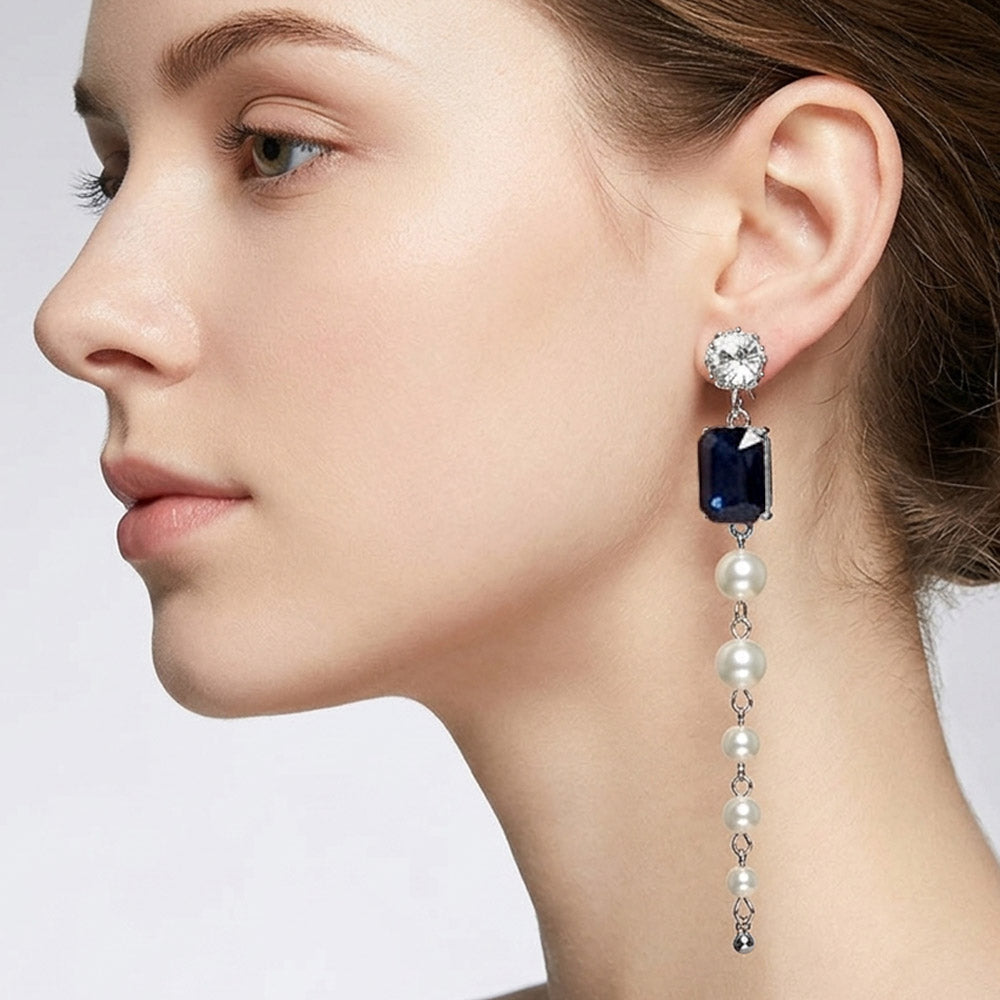 Madeline Love Navy, Rhodium Rectangular Stone Cluster Accent Pearl Link Drop Evening Earrings
