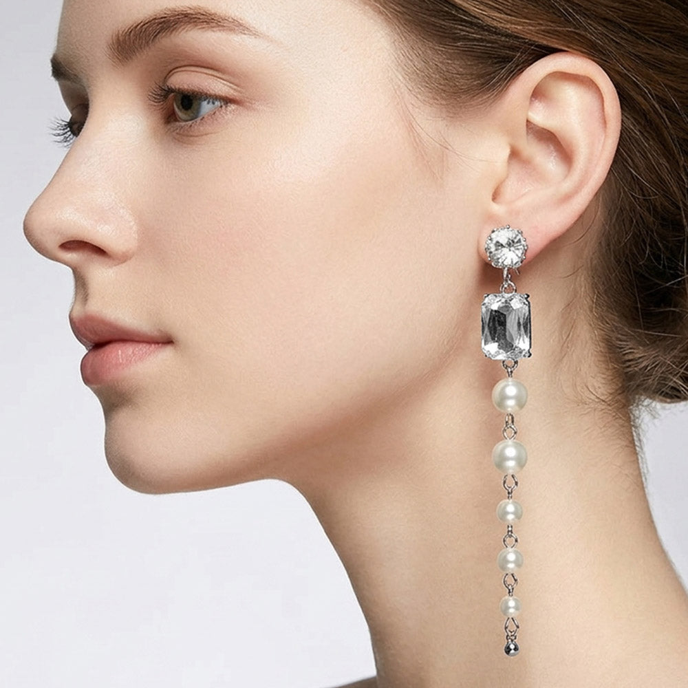 Madeline Love Rhodium, White Rectangular Stone Cluster Accent Pearl Link Drop Evening Earrings