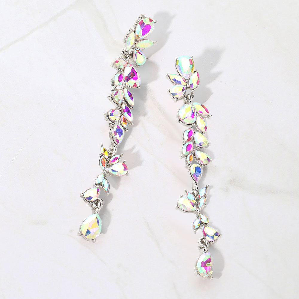 Madeline Love AB, Silver Teardrop Marquise Stone Cluster Embellished Dropdown Evening Earrings