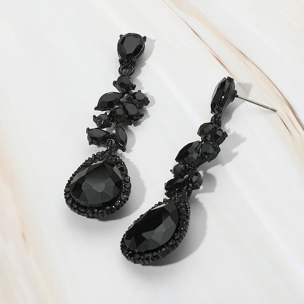 Madeline Love Black, Jet Black Marquise Stone Cluster Embellished Teardrop Stone Tip Dangle Drop Evening Earrings
