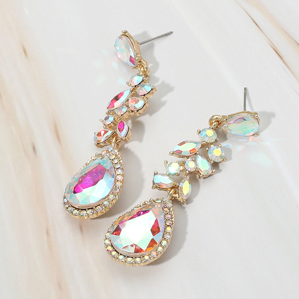 Madeline Love AB, Gold Marquise Stone Cluster Embellished Teardrop Stone Tip Dangle Drop Evening Earrings