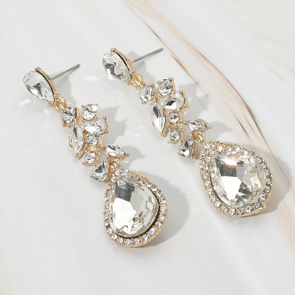 Madeline Love Clear, Gold Marquise Stone Cluster Embellished Teardrop Stone Tip Dangle Drop Evening Earrings