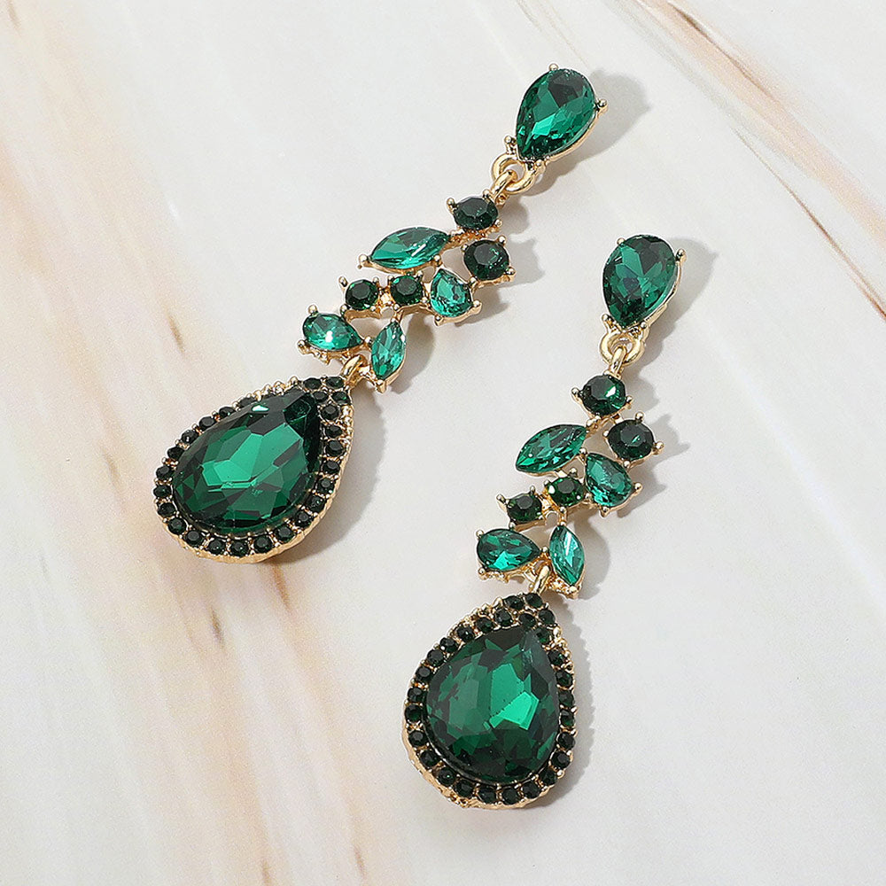 Madeline Love Emerald, Gold Marquise Stone Cluster Embellished Teardrop Stone Tip Dangle Drop Evening Earrings