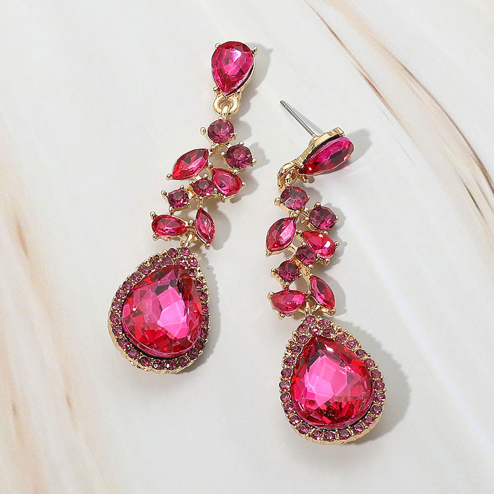 Madeline Love Fuchsia, Gold Marquise Stone Cluster Embellished Teardrop Stone Tip Dangle Drop Evening Earrings