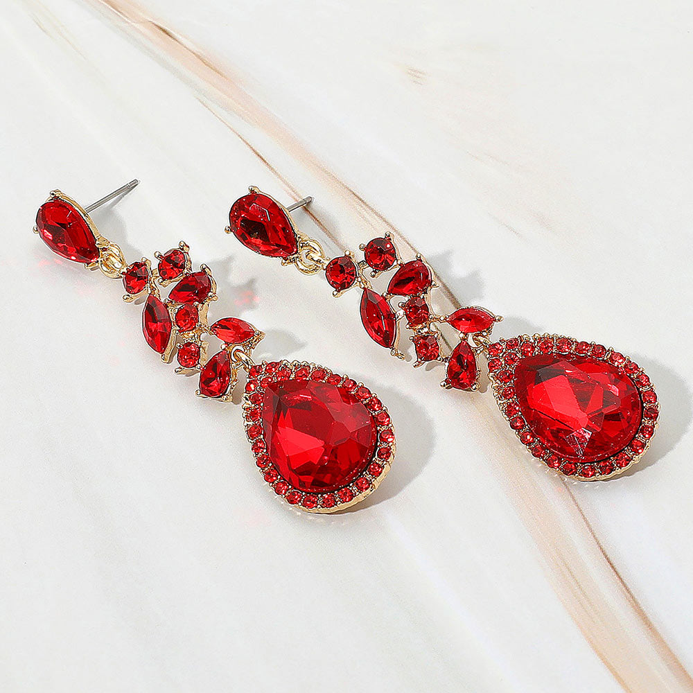 Madeline Love Gold, Siam Marquise Stone Cluster Embellished Teardrop Stone Tip Dangle Drop Evening Earrings